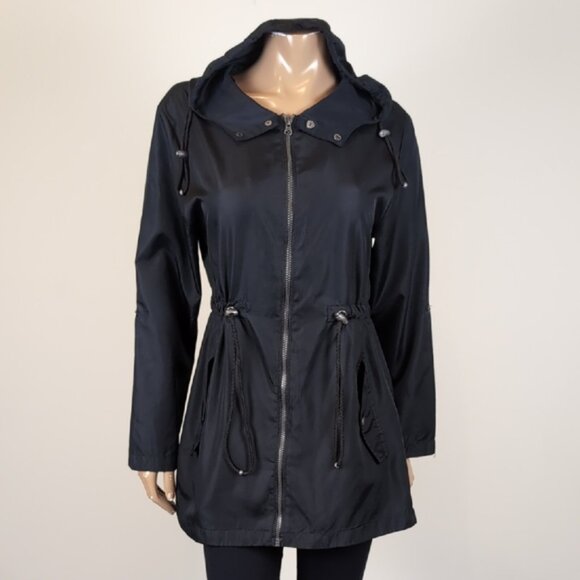 Nanette Lepore Hooded Windbreaker Jacket Cinch Waist Lightweight Roll Tab Sleeve - Picture 11 of 13